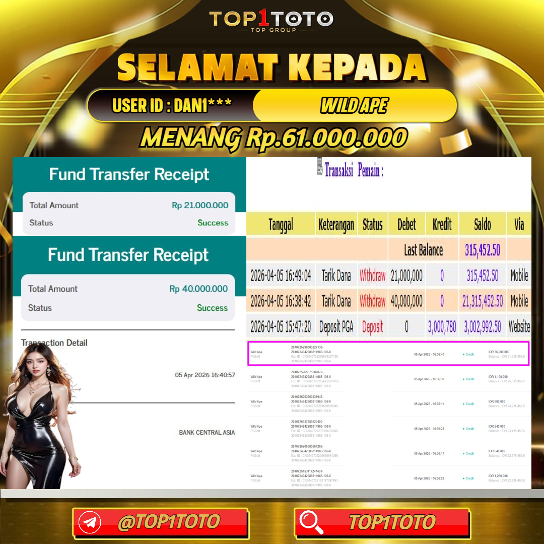 TOP1TOTO JACKPOT SLOT WILD APE Rp.61.000.000 - LUNAS USER ID : DAN1***