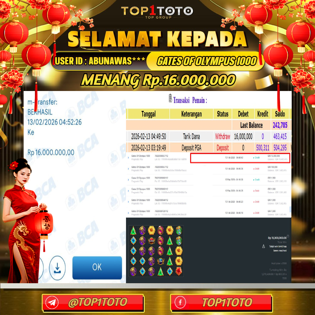 TOP1TOTO JACKPOT SLOT GATES OF OLYMPUS 1000 Rp.16.000.000 - LUNAS USER ID : ABUNAWAS***