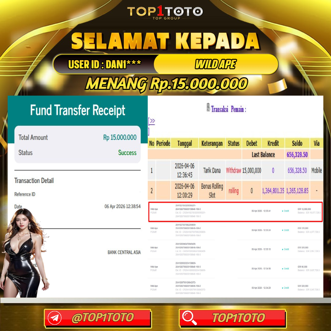 TOP1TOTO JACKPOT SLOT WILD APE Rp.15.000.000 - LUNAS USER ID : DAN1***