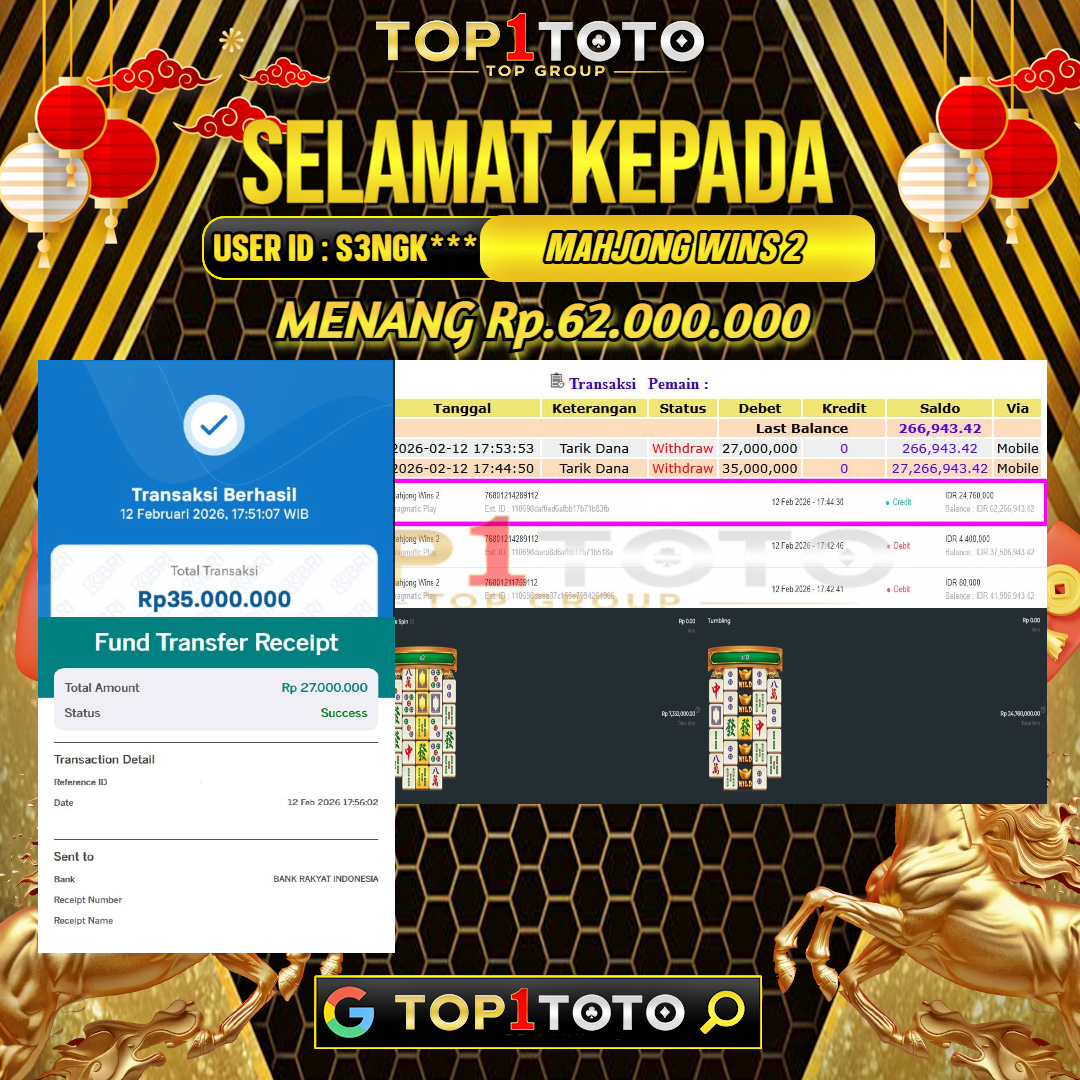 TOP1TOTO JACKPOT SLOT MAHJONG WINS 2 Rp.62.000.000 - LUNAS USER ID : S3NGK***