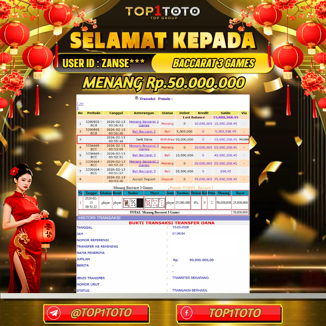TOP1TOTO JACKPOT LIVE GAMES BACCARAT 3 GAMES Rp.50.000.000 - LUNAS USER ID : ZANSE***