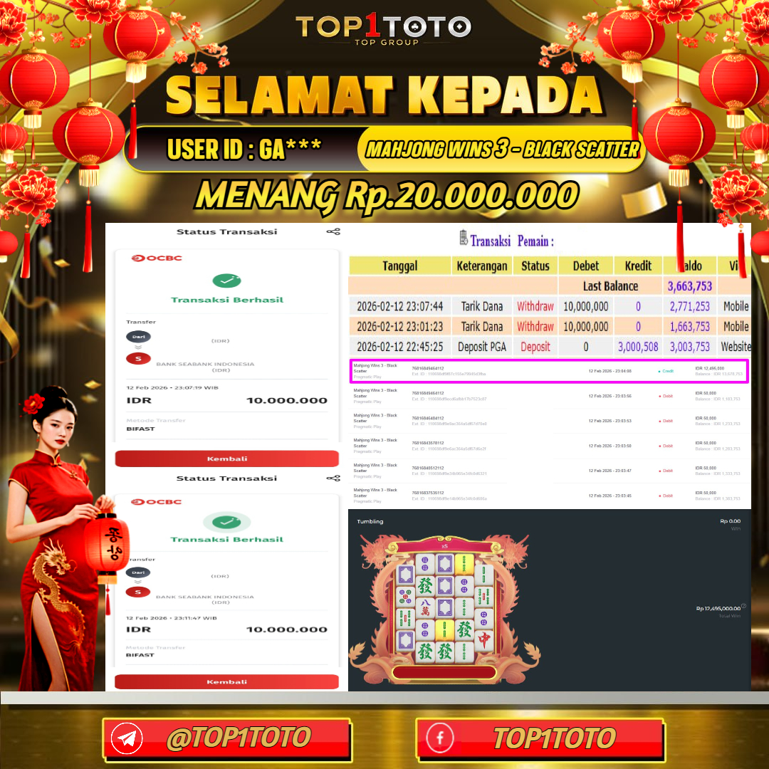 TOP1TOTO JACKPOT SLOT MAHJONG WINS 3 - BLACK SCATTER Rp.20.000.000 - LUNAS USER ID : GA***