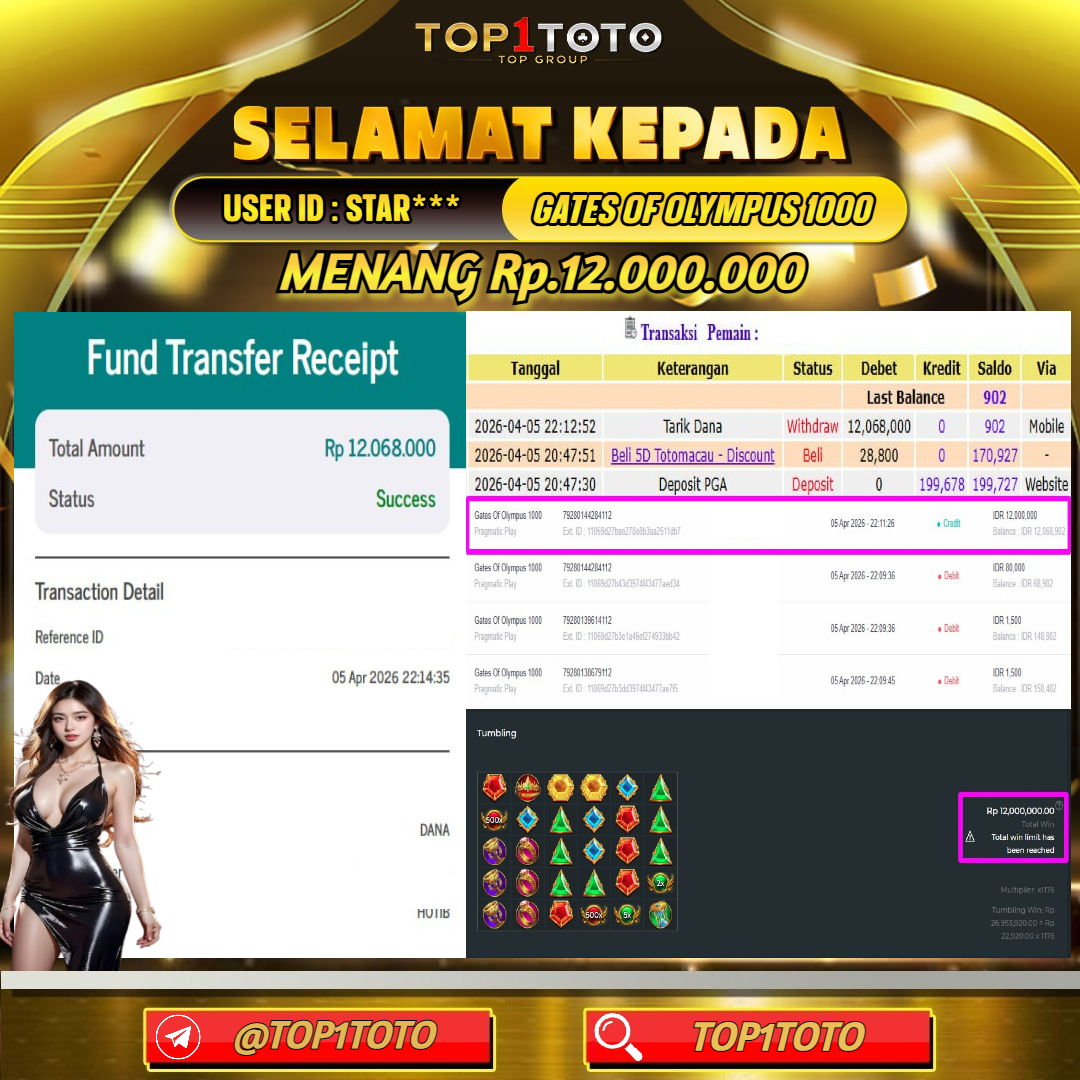 TOP1TOTO JACKPOT SLOT GATES OF OLYMPUS 1000 Rp.10.000.000 - LUNAS USER ID : STAR***