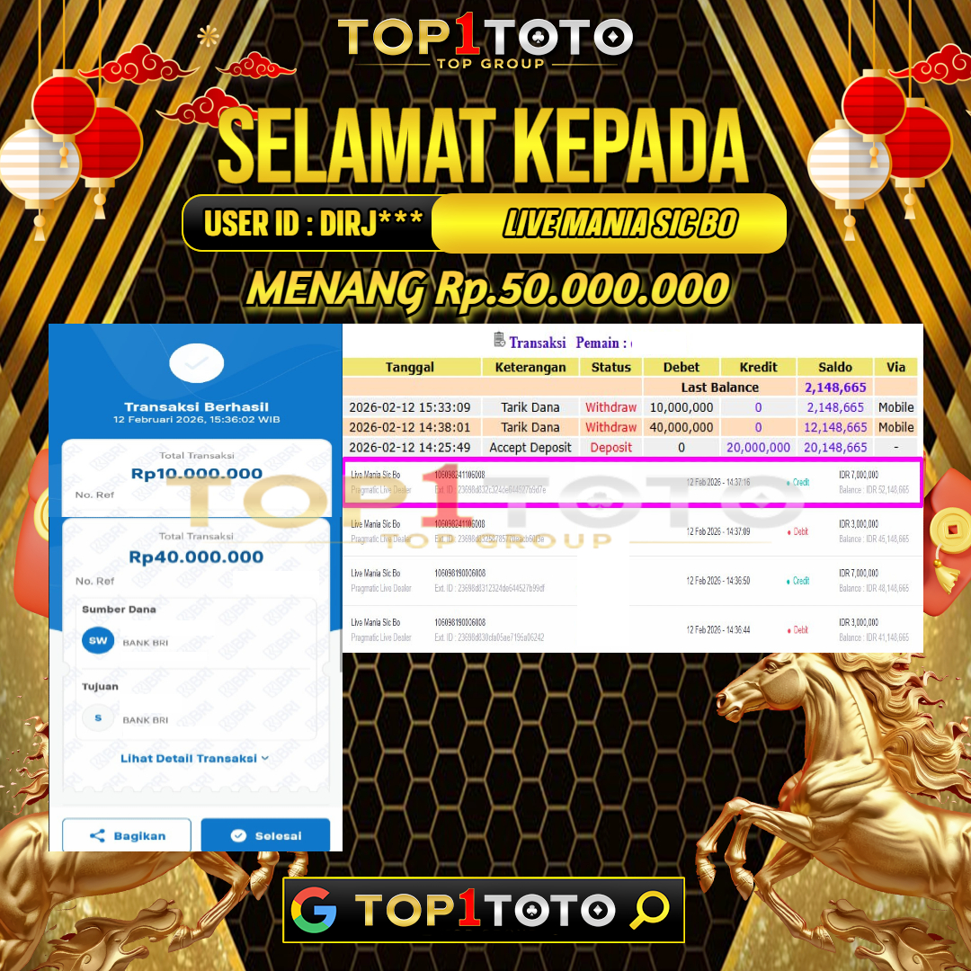 TOP1TOTO JACKPOT LIVE GAMES LIVE MANIA SIC BO Rp 50.000.000 - LUNAS USER ID : DIRJ***