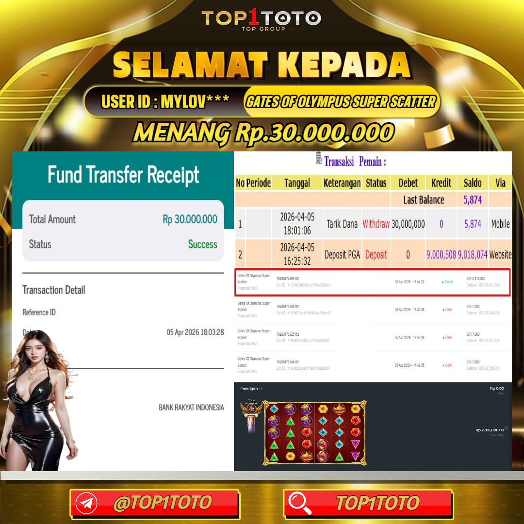 TOP1TOTO JACKPOT SLOT GATES OF OLYMPUS SUPER SCATTER Rp.30.000.000 - LUNAS USER ID : MYLOV***
