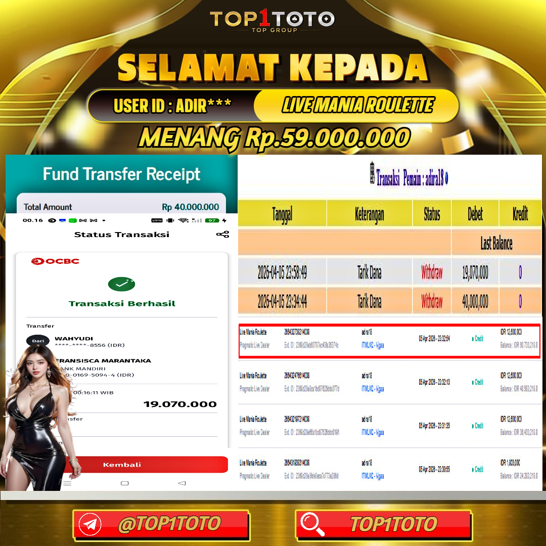 TOP1TOTO JACKPOT LIVE GAMES LIVE MANIA ROULETTE Rp.59.000.000 - LUNAS USER ID : ADIR***