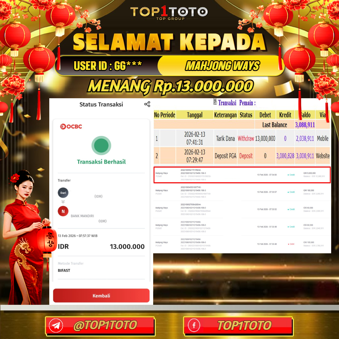 TOP1TOTO JACKPOT SLOT MAHJONG WAYS Rp.13.000.000 - LUNAS USER ID : GG***